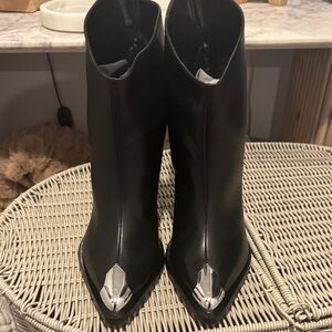 Shutz black leather ankle boots with silver metal toe